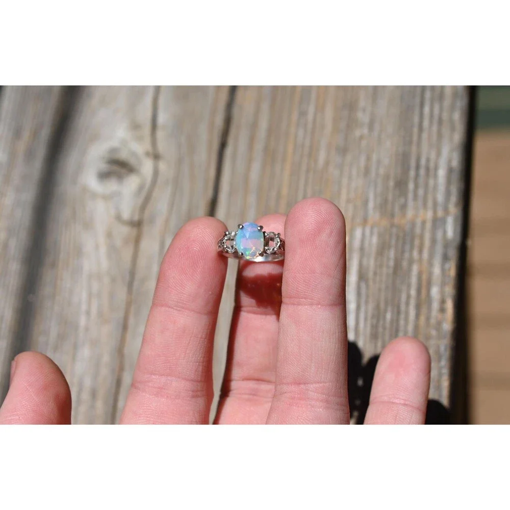Engagement ring Opal & Herkimer diamond Ring in Sterling Silver – Unique Fire Pl